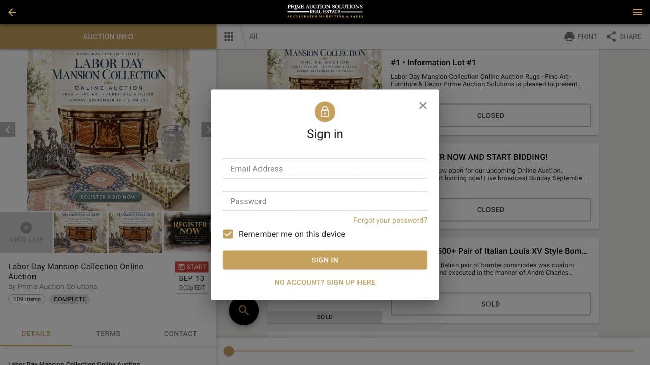 Prime bidding platform sign-in screen with email, password, and No Account? Sign Up Here option
