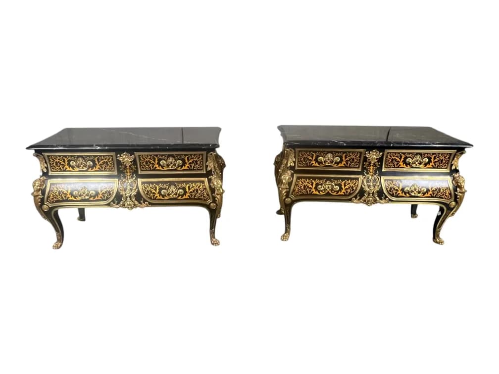 #7501 • $24,500+ Pair of Italian Louis XV Style Bombé Commodes with Exotic Wood Marquetry in the Boulle Manner, Lost Wax Cast Bronze Mounts and Nero Marble Tops, Custom Commissioned, Italian