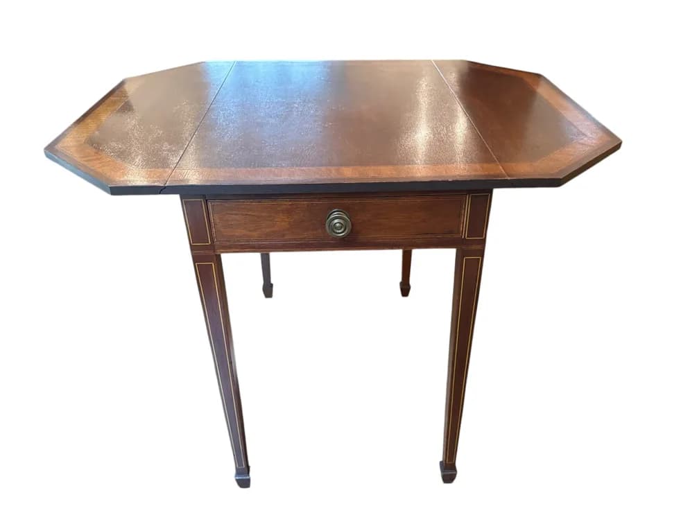 #7453 • Drop-leaf mahogany Pembroke side table with inlaid legs, 28"