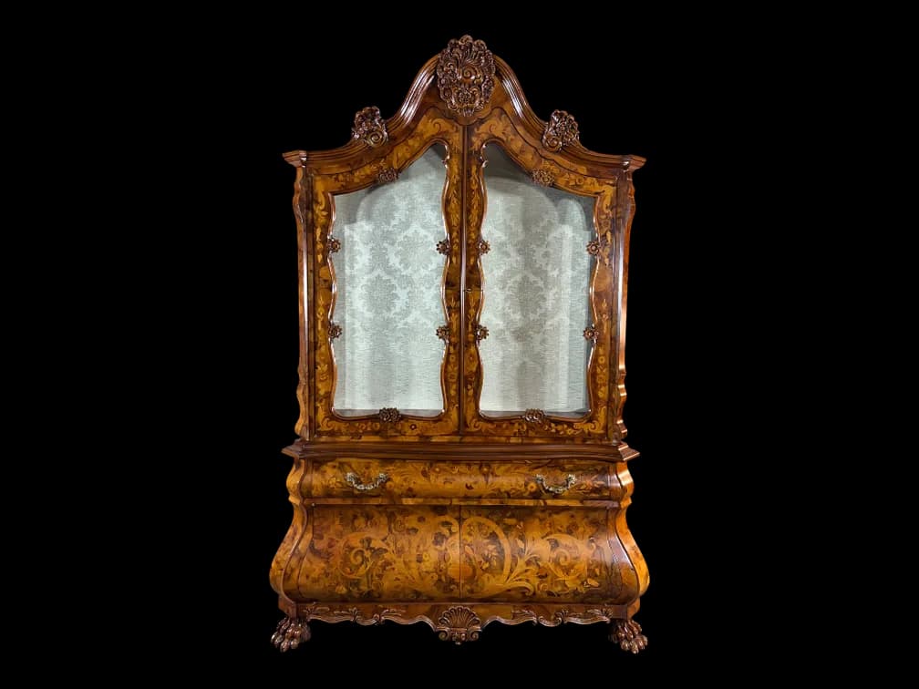 #7160 • $32,000 Spectacular Italian Marquetry Bombé Display Cabinet Vitrine, Gallery Collection, A Grand-Scale Masterpiece of Carving and Inlay