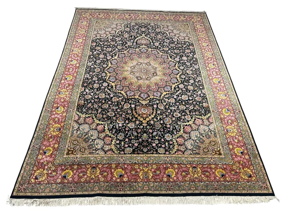 #6301 • Fine Wool & Silk Persian Tabriz Carpet, Hand-Knotted , 9’7″ × 13’4″
