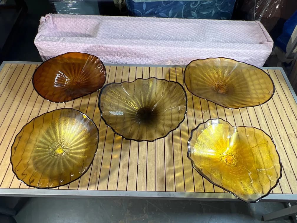 #6684 • Murano Glass Wall Sculpture Ensemble, Amber and Green Art Glass Decor