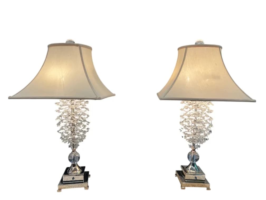 #9401 • $3,500 Pair of Luxurious Crystal and Glass Table Lamps with Fabric Shades, 33",