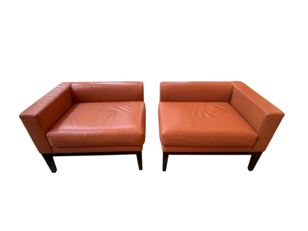 #6614 • Pair of Vesta Home Leather Club Chairs with Wood Bases