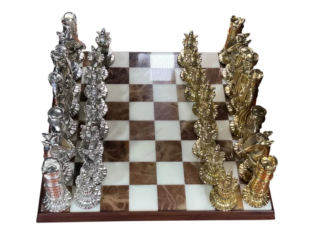#7293 • Italian Marble Chess Set with Silver and Gold Plated Renaissance Figures, Bearing the Mark of A. Gianelli, 16 x 16 x 1"