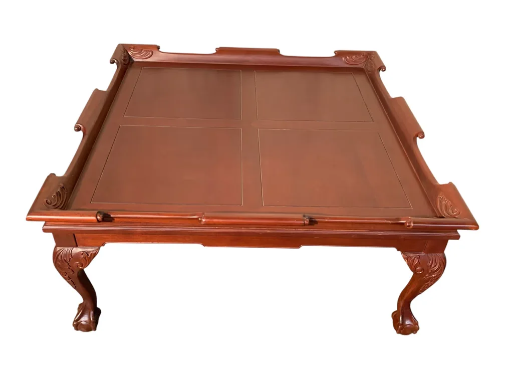 #158081 • $3,200+ Solid Mahogany Butler's Tray Style Coffee Table with Carved Cabriole Legs and Ball and Claw Feet, 40x 40 x 18"