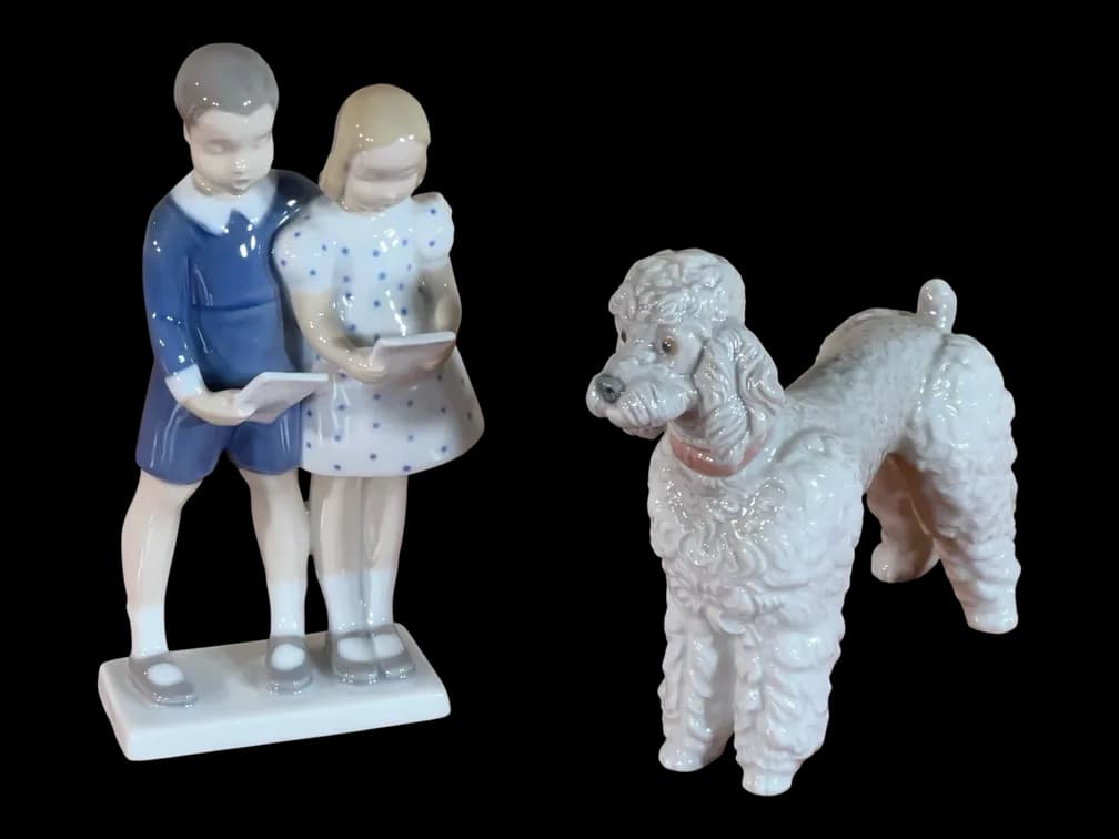 #7047 • Bing & Grøndahl "Children Reading" and Lladró Poodle Figurines, 7"
