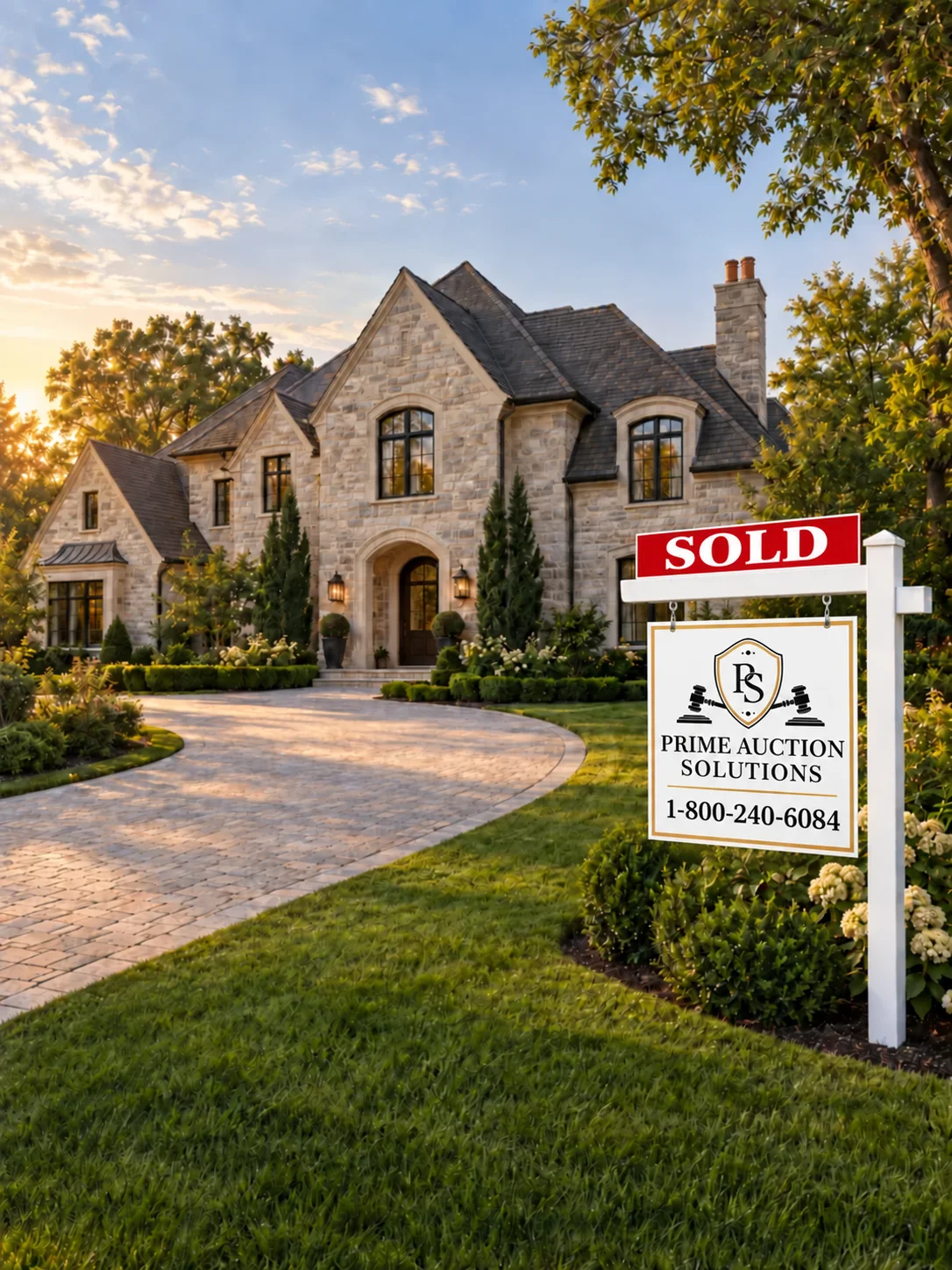 Illustrative luxury residence with a red Sold rider above a Prime Auction Solutions sign and phone number