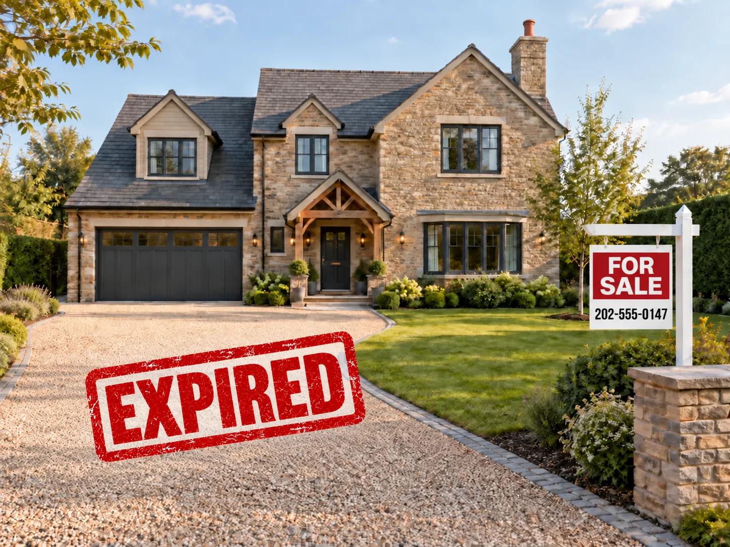 Illustrative residence with a generic For Sale sign, fictional phone number, and expired listing graphic