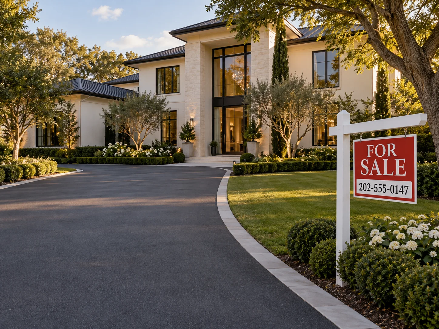 Illustrative residence with a generic For Sale sign and fictional phone number